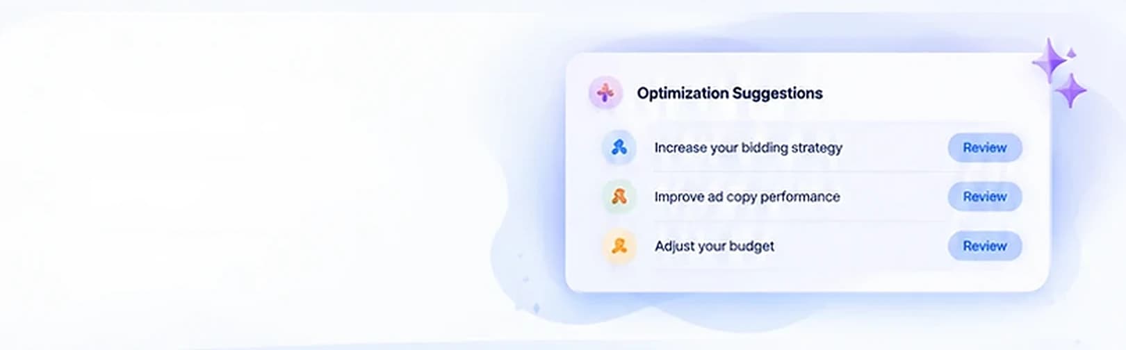 Optimization suggestions: increase your bidding strategy, improve ad copy performance, adjust your budget