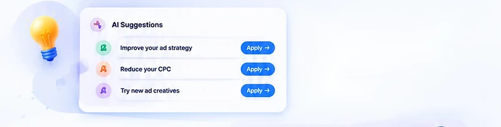 AI suggestions to improve the ad strategy, reduce the cost per click and try new creatives
